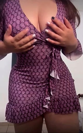 Busty Brunette Teen Flashes Boobs in Purple Dress'