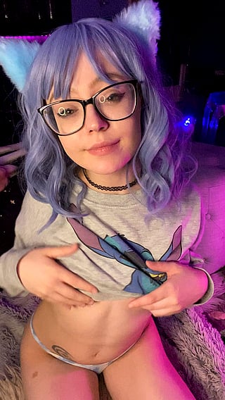 Cute Petite Lady with Glasses and Blue Hair Shows Off Her Flat Chest'