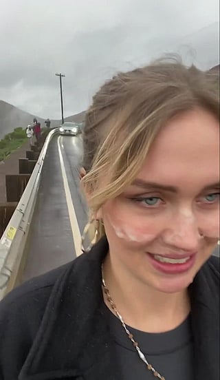 Walking on a bridge with cum on the sidewalk'