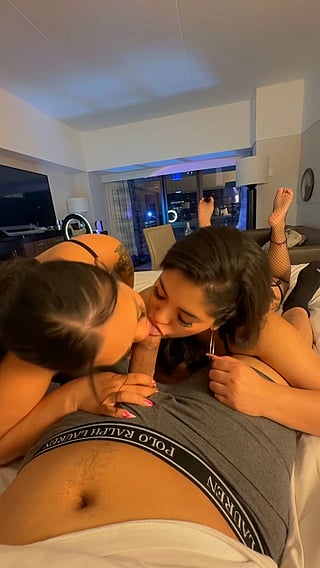 Two Hot Latinas Share a Guy's Big Dick in a Threesome'